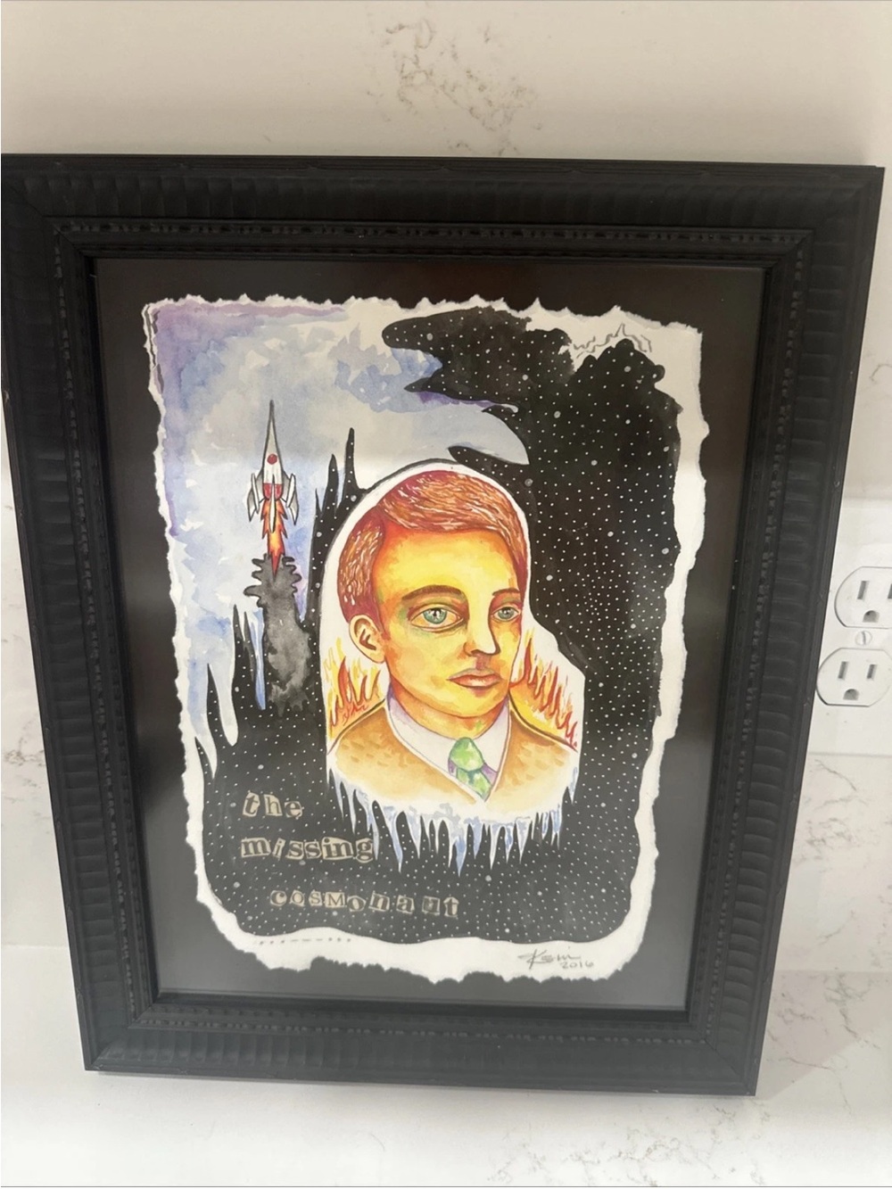 Framed Mixed Media Art Titled “the Missing Cosmonaut” About 15”x 12.5” Signed